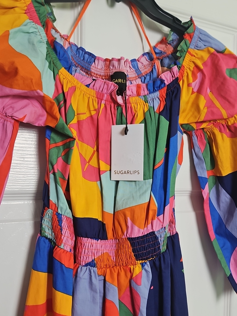 Sugarlips Rainbow Tropics Off The Shoulder Maxi Dress:Multi Color Abstract Print - Picture 4 of 11